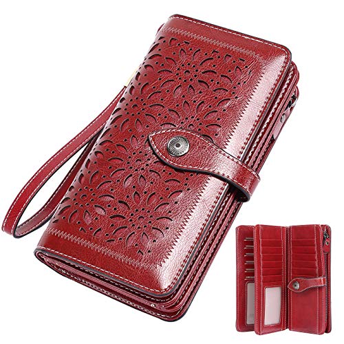 WACCET Leather Ladies Purse Large Capacity, RFID Blocking Wallet for Women with Zipper Pocket & 26 Card Slots, Vintage Leather Purse for Women XXL with Gift Box (red)