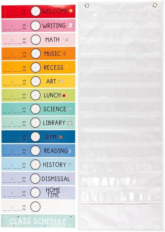 Callie Danielle Classroom Schedule Board, 13 x 35 inches, Dry Erase Pocket Chart with 17 Subject Inserts
