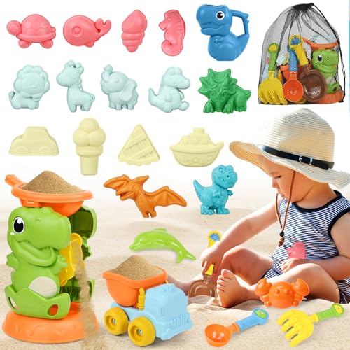 Ulikey Juguetes de Playa para Niños, Juguete Arenero Dinosaurio para Chico Chica, con Rueda de Agua, Bolsa de Malla, Moldes de Arena, Palas y Regadera, Juguetes Arena Reutilizable, 23 Piezas