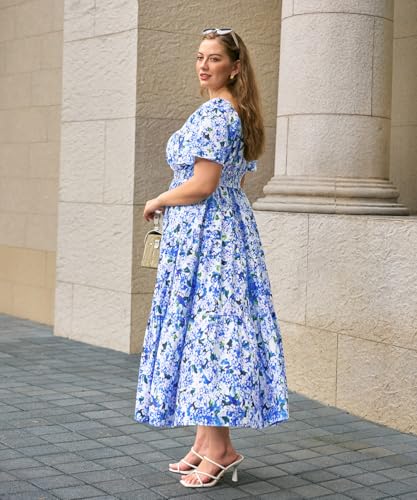 Image of RITERA Plus Size Dresses for Curvy Women Square Neck Short Sleeve Summer Floral Smocked Maxi Dress with Pocket XL-5XL