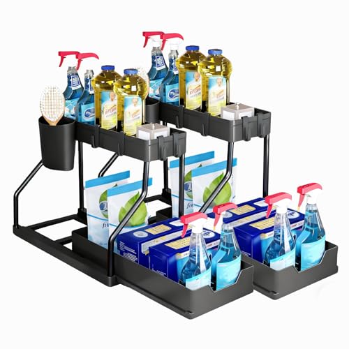 MIMOCASA Organizador Bajo Fregadero Cocina y Baño - 2 Pcs Organizador Fregadero Extraíble Estante Almacenamiento con Cestas Colgante y 4 Ganchos, Cocina, Baño y Hogar, Negro