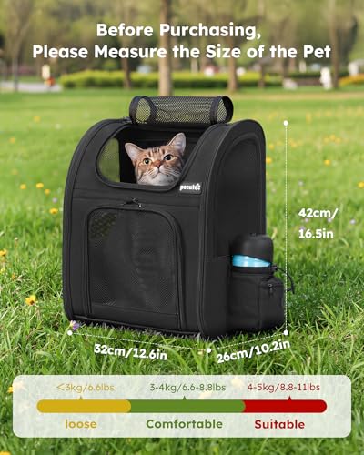 pecute Haustier Rucksack mit Netzfenster, Tragbare und Faltbare Katzentasche, Atmungsaktive und Leichte Hundetasche, Wasserdichtes Oxford-Tuch mit viel Platz, Multifunktional rutschfest Schwarz 6kg