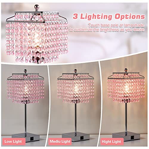Image of Luvkczc Set of 2 Bedside Pink Crystal Table Lamp, Touch Control Crystal Lamp, Dimmable Lamp for Bedroom, Girl Living Room, 6W B11 Bulb Included