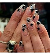 24Pcs Medium Almond Press on Nails with Black Five-pointed Star Design, Glossy Silver Glitter Fal...