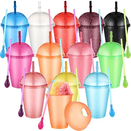 Teenyyou 12 Pcs 16 oz Slushie Cups with Dome Lids and Straws 2-in1 Detachable Spoon Straws Plastic Iced Coffee Cups Milk Maker Cup for Birthdays Summer Party Supplies, Multiple Colors