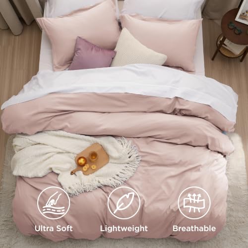 Image of Bedsure Prewashed Duvet Cover Queen, Cotton-Like Bedding Set, Rose Pink | Ultra Soft, Relaxed Texture, 90 inchx90 inch Breathable Comfort, Hidden Zipper, 8 Corner Ties, Easy Care, OEKO-TEX, Year-Round Use