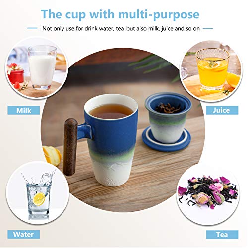 Tomotime Ceramic Tea Cup with Infuser and Lid Tea Mugs Wooden Handle 400ml/13.4oz Cyan Blue