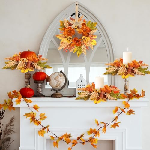 Image of 6 Pcs Fall Floral Candle Rings Wreath Mini Autumn Swags Wreaths with Berries Table Centerpiece Harvest Fall Hanging Wreath for Kitchen Cabinet Pillar Farmhouse Table Front Door Indoor Decorations