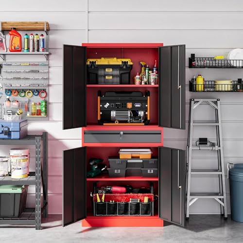 Image of Letaya Metal Garage Storage Cabinet with Drawer,4 Door Tool Cabinet with Adjustable Shelves for Garage Home Office Utility Room (Red)