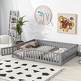 i-POOK Queen Floor Bed for Children, Sturdy Wood Montessori Bed Frame with Wood Slats, Fence & Door,