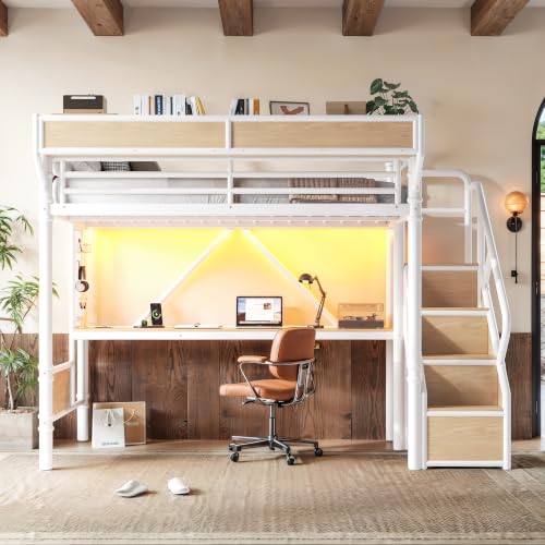 Image of Bellemave Twin XL loft Bed with Storage Stairs, Wardrobe, Shelves, Metal Twin XL Loft Bed Frame for Adults, Kids, Teens, White+Natural Wood with Stairs