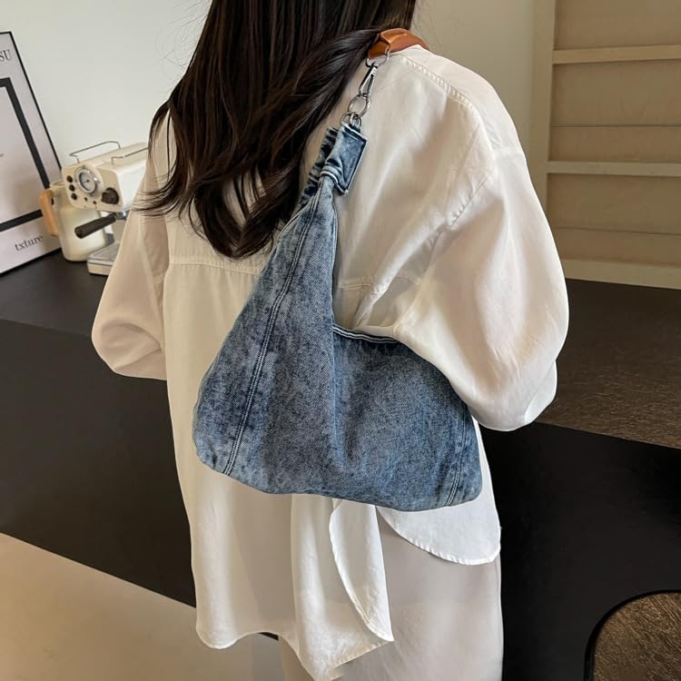 Image of LIZHAOCAI Women Denim Shoulder Handbag Underarm Bag Tote Purse (Blue)