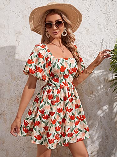 Image of Aahwan Multicolor Solid Boho Bohemian Vacation Floral Flower Print Square Neck Puff Sleeve Elegant Dress for Women's & Girl's