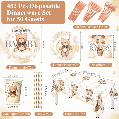 Image of Funnymoom 452 Pcs 50 Guests We Can Bearly Wait Baby Shower Decorations, Brown Neutral Baby Shower Paper Plates Napkins Cups Tablecloth Cutlery Straws Tableware Set for Gender Reveal Party Supplies