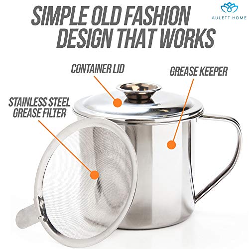 Aulett Home Bacon Grease Container With Strainer - Great For Storing Fats for Keto and Paleo, Cooking Oil and Drippings - 1.25 Quart Or 5 Cups Stainless Steel Grease Keeper - Thumbnail 7