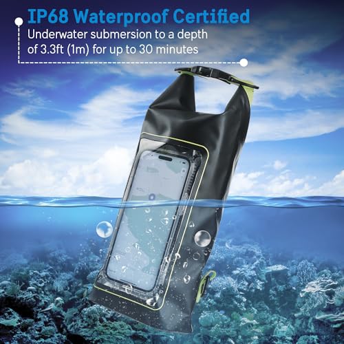 Image of Pelican Marine IP68 Waterproof Dry Bag 2L w /Phone Pouch /Case - Black /Yellow | Roll Top Waterproof Backpack with Touchscreen Phone Pouch - Swimming, Kayaking, Camping, Rafting, Fishing & Travel Essentials