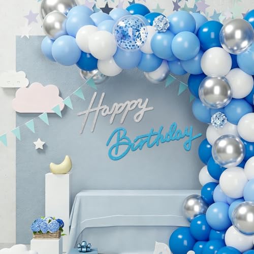 Image of TONIFUL Happy Birthday Sign for Backdrop - Glitter Silver and Light Blue Felt Banner - Includes Dot Glue - Perfect for Birthday Party Backdrop,Wall Decr,Balloon Arch,Photo Background
