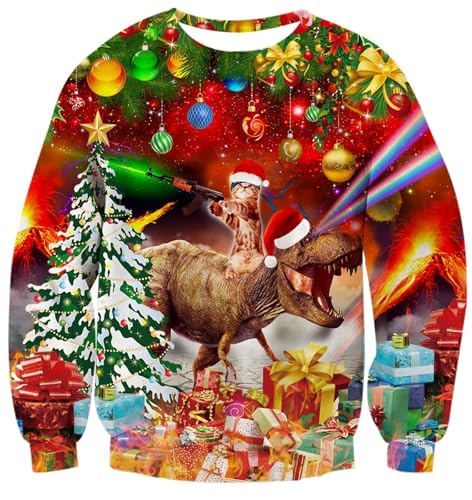 TUONROAD Mens Christmas Jumper Bell Christmas Tree 3D Printed Red Women Xmas Sweatshirt Crew Neck Funny Pullover Unisex Long Sleeve Sweater XL