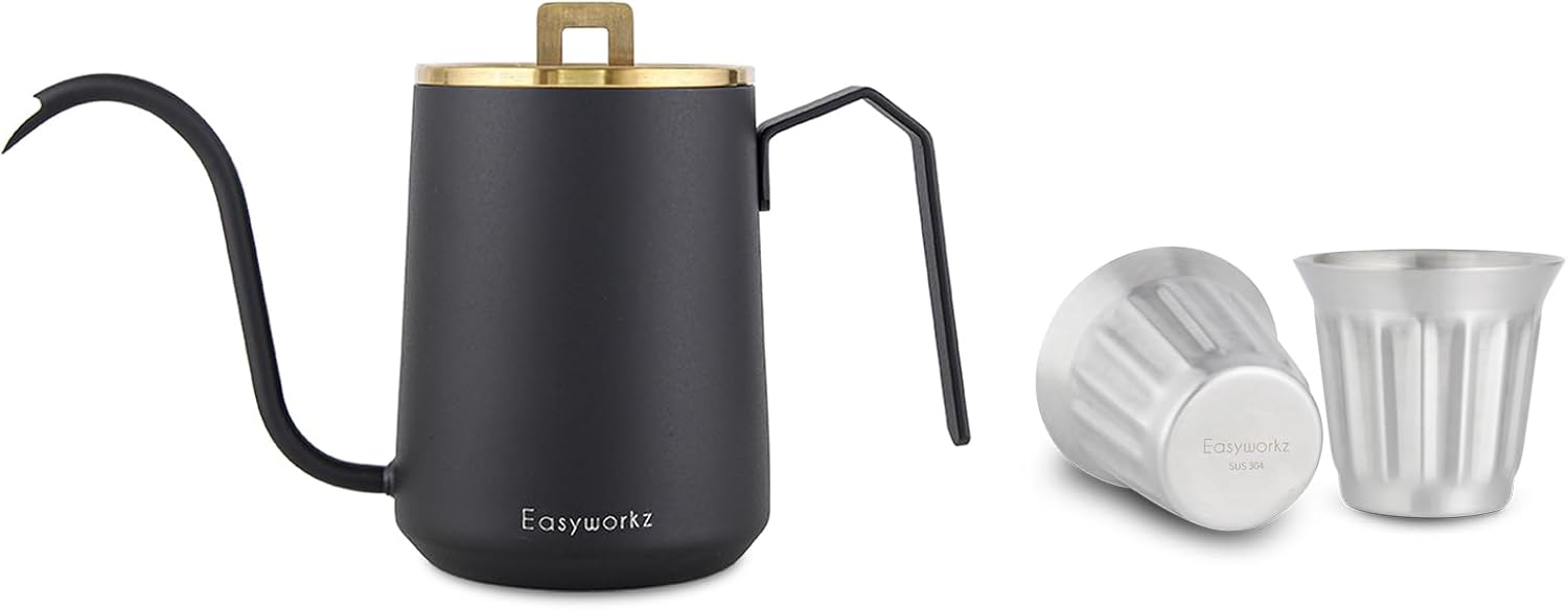 Easyworkz Gooseneck Pour Over Coffee Kettle 20 oz Stainless Steel Hand Drip Coffee Pot, Brass Gold Black, Bundled with Double-Wall Espresso Cups 5 oz Set of 2, Vertical Stripe Design, Brushed Silver