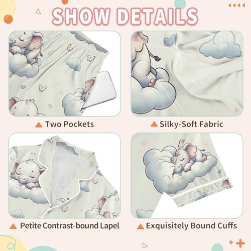 senya Cute Sleeping Elephants Satin Summer Pajama Sets Silk Short Sleeve Button Down Sleepwear3