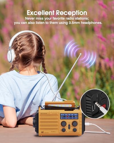 Weather Radio, 5-Way Powered NOAA Solar Hand Crank Emergency Radio with NOAA/AM/FM/SW with 18500mWh Portable Power Bank, Survival Portable Radio with LED Flashlight,Battery Operated,SOS Alarm (Yellow) - Thumbnail 5