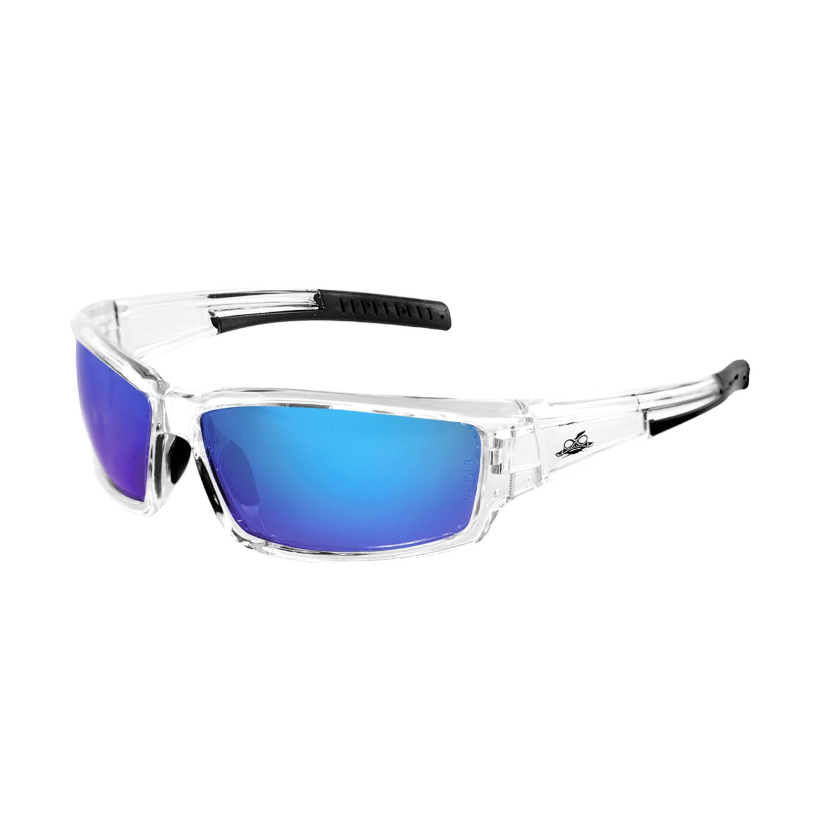 Bullhead Safety Eyewear BH1419AF szkło bezpieczne Maki, jeden rozmiar, krystalicznie czysta rama/zauszniki, niebieskie lustrzane soczewki przeciwmgielne, czarny nos TPR i świątynia (144 na obudowę)