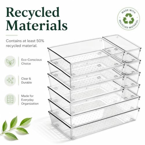 Image of 10 Pack Large Drawer Organizer Bins - Clear Plastic Bathroom Drawer Organizer Trays - Heavy Duty Kitchen Drawer Dividers for Utensils - Non-Slip Storage Bins for Makeup, Bedroom, Office Desk
