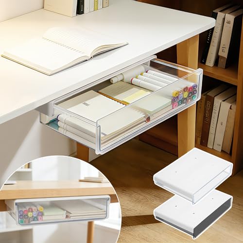 Y-Step デスク下 収納 引き出し 粘着式 A4対応 後付け引き出し テーブル下収納ラック 机下収納 トレー 隠しデスク下 収納 穴あけ不要 強力粘着 事務用品 ファイル 小物入れ 文房具 リモコン アクセサリー 収納 オフィス 自宅 学校用 整理整頓 省スペース 取り付け簡単 ホワイト