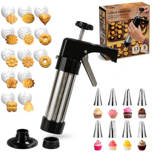 Loukaii Spritz Cookie Press Gun Kit - 24-piece cookie press set with 13 Discs & 8 Tips | Easy Squeeze for Butter Cookies, Great Baking Gift for Christmas,Home Bakers, Beginners
