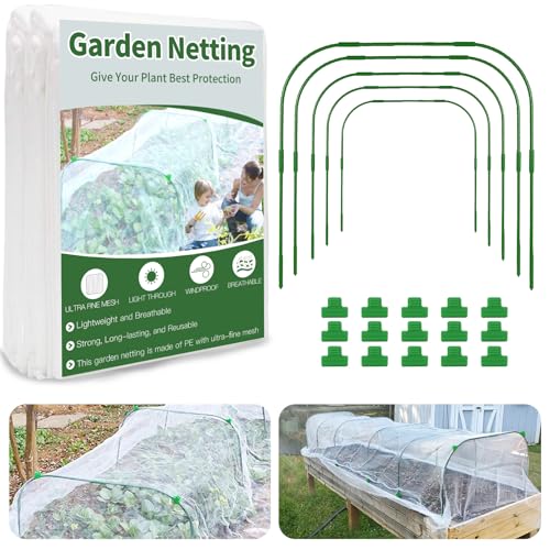 Garden Netting Kit for Raised Bed 8X20FT Ultra Fine Mesh Netting with 5 Sets Garden Hoops & 15pcs Clips Reusable Bird Netting for Garden Protection