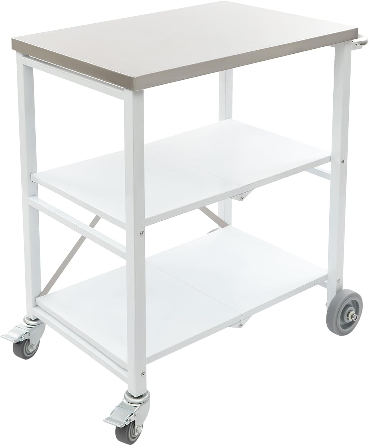 Folding Outdoor Grill Cart with Wheels, 3-Shelf Grill Table with 27x18in Stainless Steel Top, Rolling Pizza Oven Stand, Metal Portable Cart, Griddle Table for BBQ Patio Camping (Silver, White, Grey)