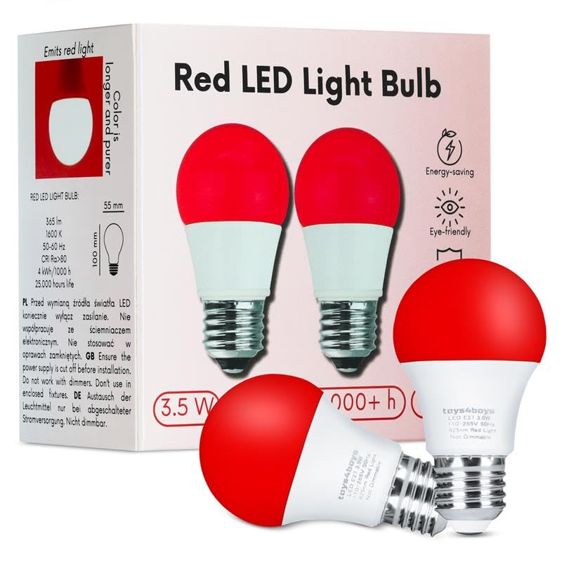 Toys4Boys 2er-Set Rote LED-Glühbirnen E27 3,5W - Rote Glühlampe - Fördert Gesunden Schlaf, Reduziert Blaulicht-Belastung, Ideale Beleuchtung für Schlafzimmer und Entspannungsräume-Dekoratives LED Lamp