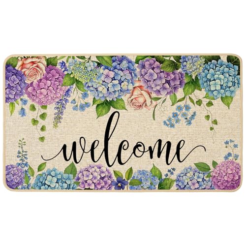 ORTIGIA Welcome Doormat Summer Hydrangea Flower Leaves Floral Doormat Outdoor Outside Indoor Entrance Mat Non-Slip Durable Absorbent Easy Clean Entryway 17x29 Inch