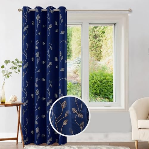 Image of Urban Space 80-85% True Blackout Curtains for Door, Gold Foil Printed Blackout Curtains, Blackout Decorative Door Curtain Eyelet with Tieback, 1 Piece Curtain for Living Room(Leaf Navy Blue, 8 Feet)