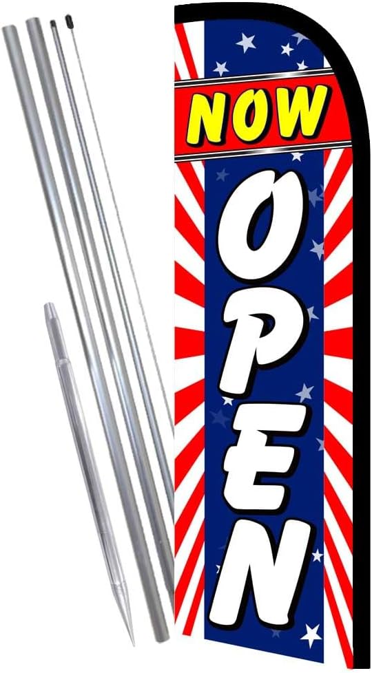 Vista Flags Now Open Premium Windless Feather Banner Flag Kit (Flag, Pole, & Ground Mt)