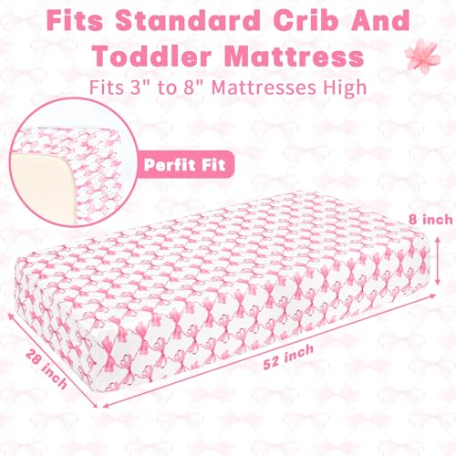 Image of Crib Sheets for Girls and Boys, HNHUAMING Crib Sheet Fitted Fits for Standard Crib & Toddler Mattresses, Ultra Soft Breathable Baby Crib Sheets Neutral 52'' X 28'' inch Crib Sheet, Pink Bow
