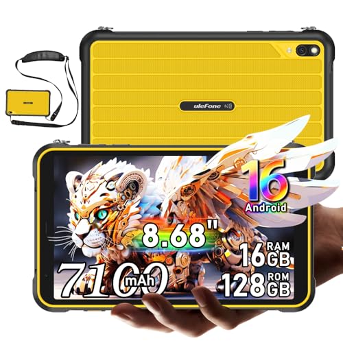 RugKing Pad Pro 4G Tablet Rugerizada Android 16, 16GB+128GB/TF 2TB Rugged Tablet con bandolera, 8,68 pulgadas 90Hz, 7100mAh, 16MP, IP68/IP69K Estanca, 4G Dual SIM/eSIM/5G WiFi/ GPS/OTG/NFC, Amarillo