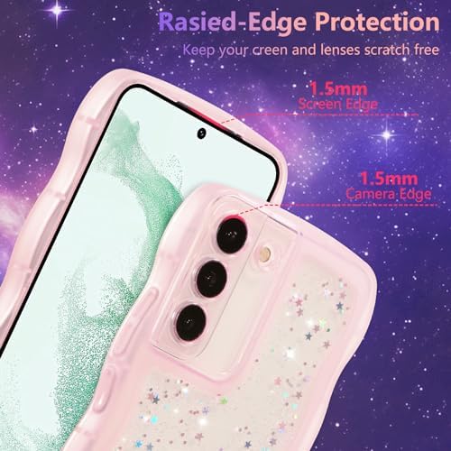 ZTOFERA for Samsung Galaxy S22 5G Case 6.1",Cute Curly Wave Case with Star Glitter,Clear Shiny Bling Soft TPU Shockproof Protective Phone Cover for Women Girls-Pink - 1