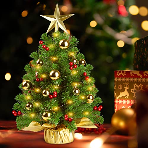 Viretec 20" Mini Christmas Tree, Artificial Prelit Small Christmas Tree, Tabletop Christmas Tree Decorations With Warm Yellow Led Lights, Treetop Star, Gold Ornaments, Red Berries And Cloth Bag Base #TOP7