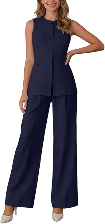 Franterd Two Piece Sets for Women Dressy Summer Sleeveless Button Down Long Suit Vest and Wide Leg Pants Business Work Outfit