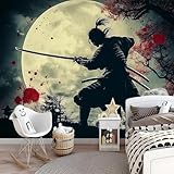 Papel de Pared Animación Samurái Flores Y Luna Decoración De Pared Sala Cuarto Oficina Salón Dormitorio 300 x 210 cm Papel pintado tejido no tejido Decoración Papel Tapiz Papel Pared Negro