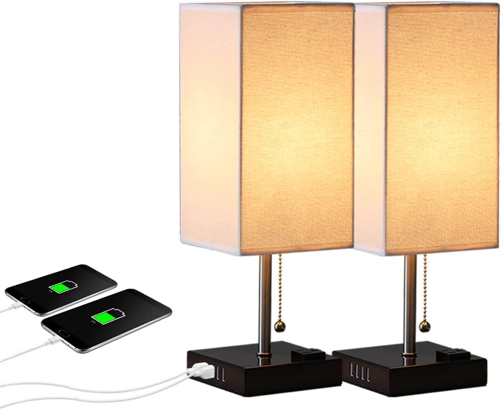 warmiplanet 2-Pack Bedside Table lamp, Built-in 4 USB Charging Ports, AC Socket and Double Switch Bedroom lamp, Suitable for Your Bedroom, Dressing Table, Living Room, Office。