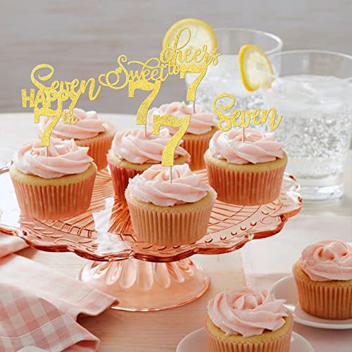 Rsstarxi 30 Pack 7Th Birthday Cupcake Toppers Gold Glitter Seven Happy 7 Cupcake Picks Cheers To 7 Years Old Cake Decorations For 7Th Birthday Party Supplies #TOP5