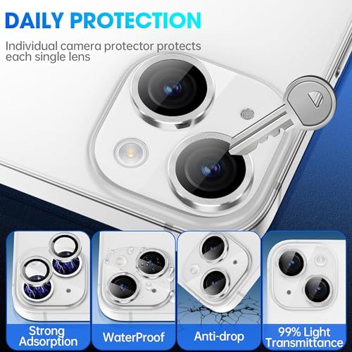 Image of Skinomi Camera Lens Protector Compatible with iPhone 15 [Anti-Scratch] Premium Tempered Glass Film Aluminum Alloy Lens Ring Cover, Silver Titanium