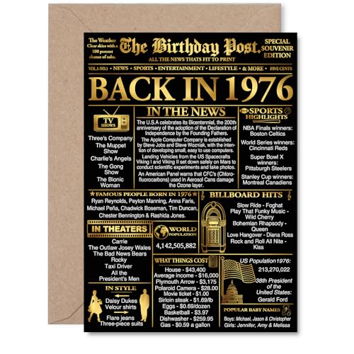 Stuff4 Gold 50th Birthday Card for Men Women - Black & Golden Newspaper Back in 1976 - Happy 50 Birthday Cards for Dad Husband Daughter Neighbor Nephew Brother, A5 Bday Greeting Cards