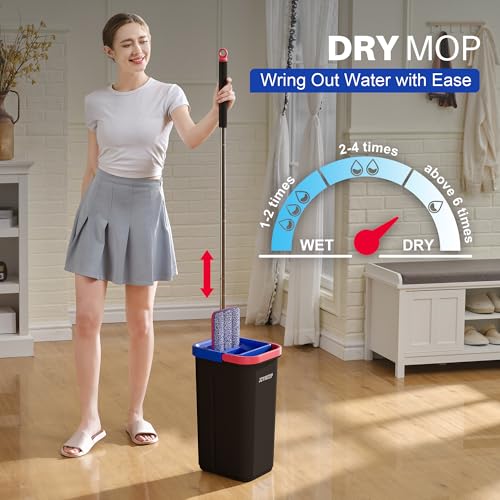 Image of JOYMOOP Flat Mop System, Microfiber Mop and Bucket Set, Black, Household & Commercial Floor Cleaning System for Hardwood, Tile & Glass, Wet Dry Use, 60 inch Handle, 3 Pads