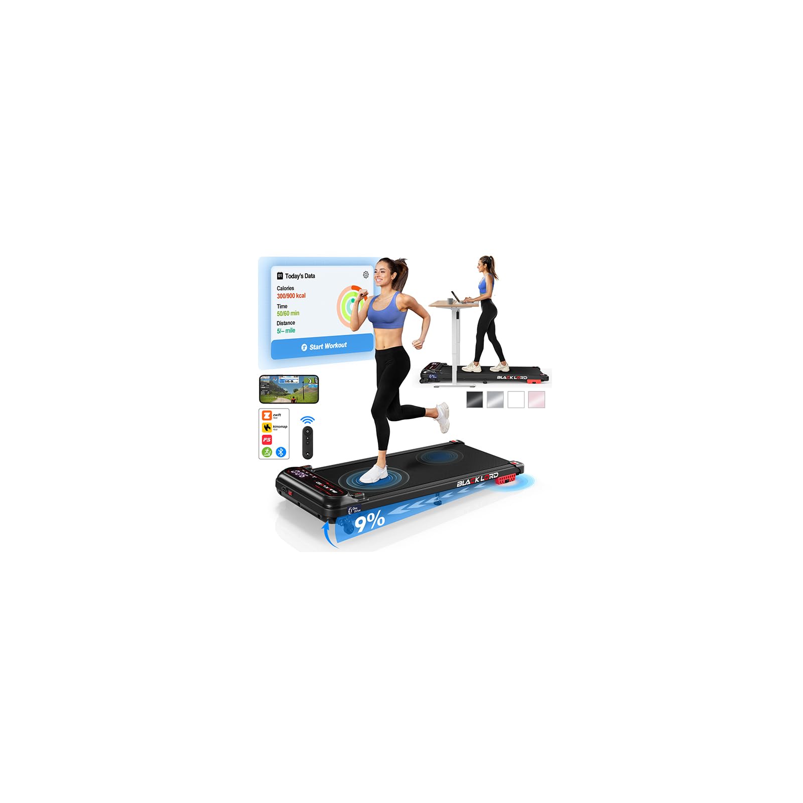 BLACK LORD Walking Pad, Compact Under Desk Treadmill with 9% Incline for Home Office, 3.0HP Portable Walking Treadmill with 130KG Weight Capacity Running Machine, Remote Control, LED Display, Black