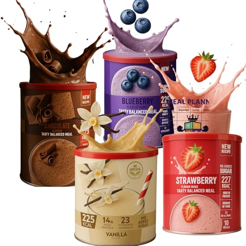 AETN Creations Balanced Meal Replacement Shake Bundle – 4-Tub Variety Pack: Chocolate, Strawberry, Vanilla & Blueberry – High-Protein, Low-Sugar, 365g Tins + Meal Planner Guide