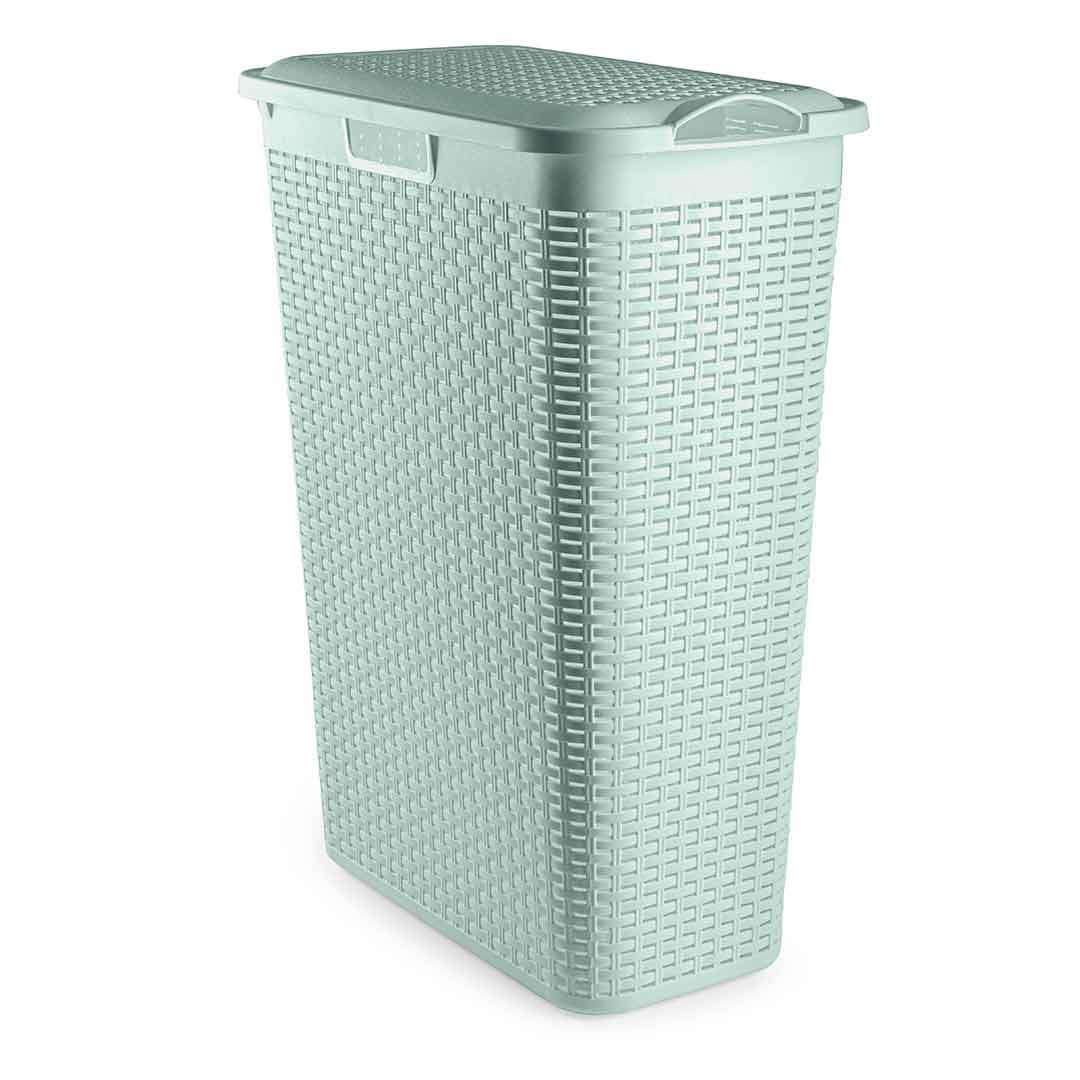 Slim Rattan Laundry Basket with Lid - 48.5 L Plastic Wicker-Style Hamper, Space-Saving & Durable Washing Bin for Bathroom, Bedroom or Utility Room (Green)