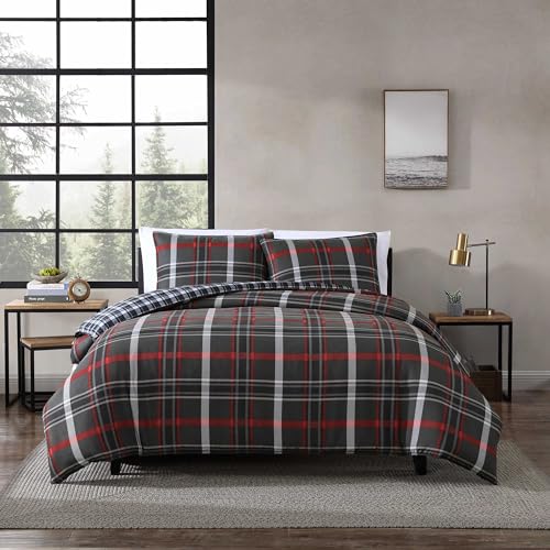 Image of Eddie Bauer - Queen Duvet Cover, Reversible Bedding Set with Matching Shams, Bedding Set (Willow Plaid Grey, Queen)